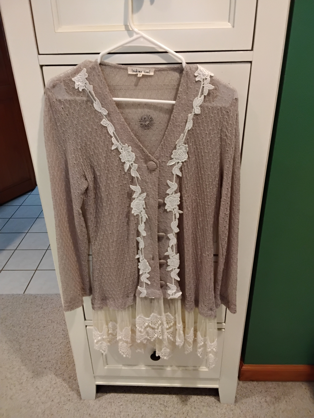indigo soul light taupe knit sweater with Lace